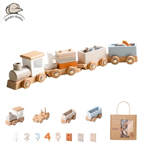 Wooden train stacking toy with number blocks, Montessori learning toy for ages 1-4